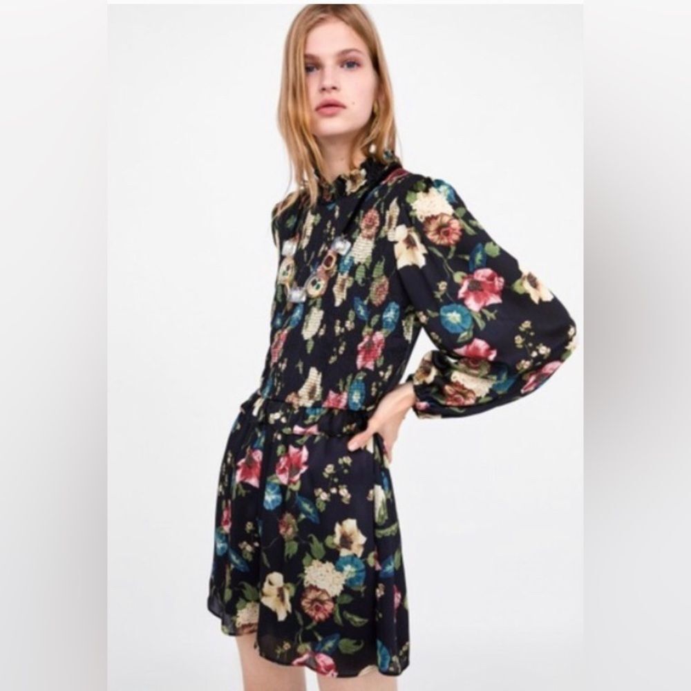 ZARA Multicolor Floral Romper Long Sleeve Chiffon Black Small - Picture 15 of 15